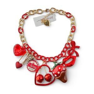 Betsey Johnson Red Valentines Heart Strawberry Cherry Soda Charm Chain Necklace